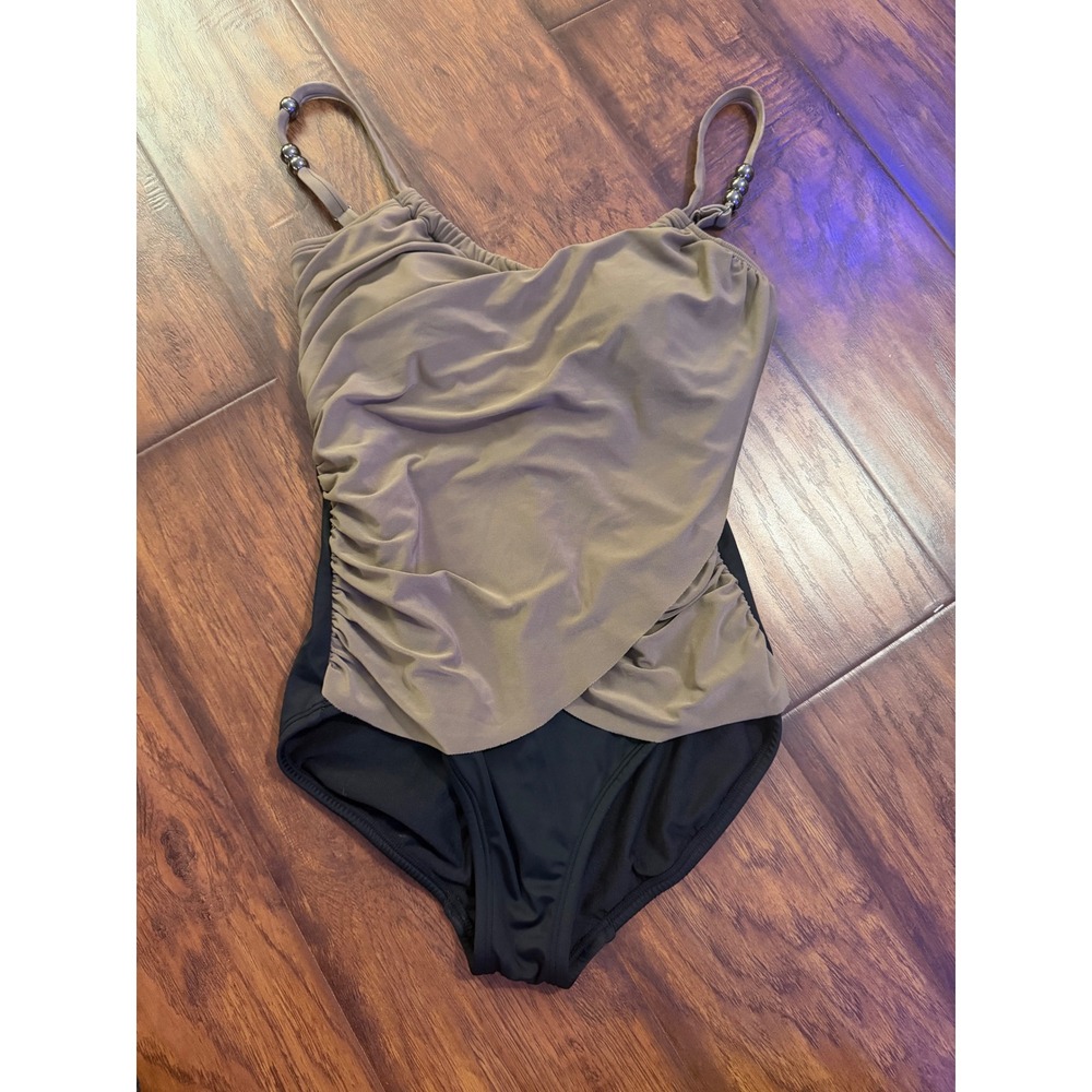 Venus One Piece Swimsuit Womens 10 Taupe Black Excellent Ruched Beaded Wrap